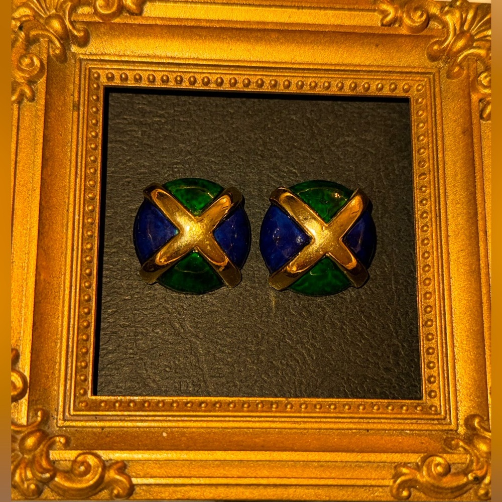 VTG Fabulous Blue and Green Marbled Enamel Goldtone Earrings - Picture 9 of 15